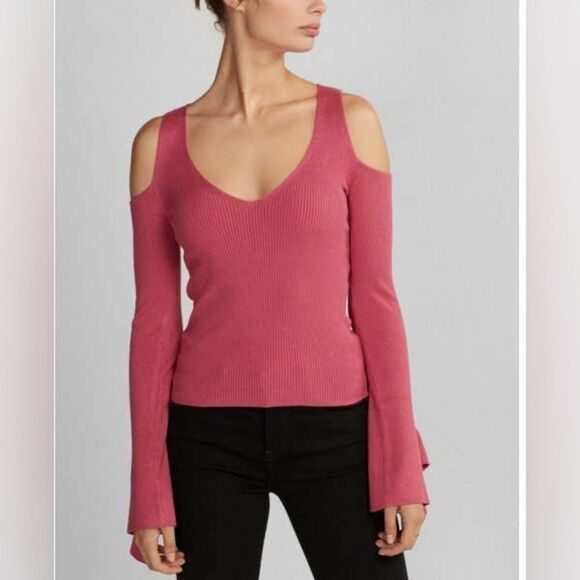 EXPRESS Pink Low Cut Cutout Sweater Top Cold Shoulder Bell Sleeve Size Large New - Picture 1 of 8